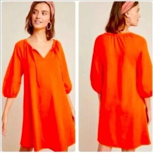 Anthropologie Vibrant Orange Dress with Puff Sleeves